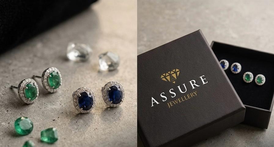 Assure Jewellery emerald, sapphire and topaz earrings presented beside the signature gift box